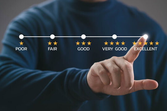 Customer satisfaction rating scale from poor to excellent with five star evaluation, user selecting highest score on digital interface. Service quality, feedback system and experience measurement.