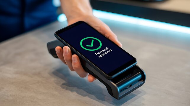 Contactless mobile payment approved on smartphone held over POS terminal at retail counter showing green checkmark success screen for fintech marketing