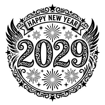 2029 happy new year badge with ornamental wings and fireworks design, fireworks
