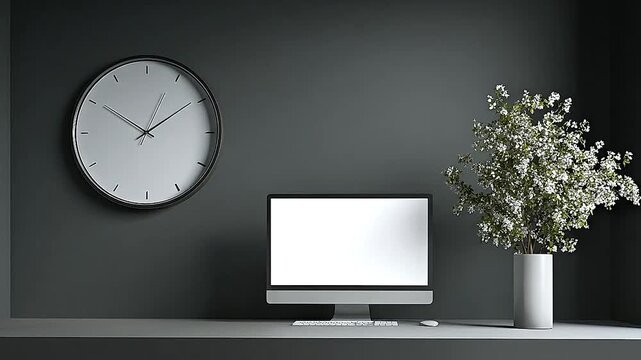 Modern minimalist workspace with a blank computer screen and a clock on