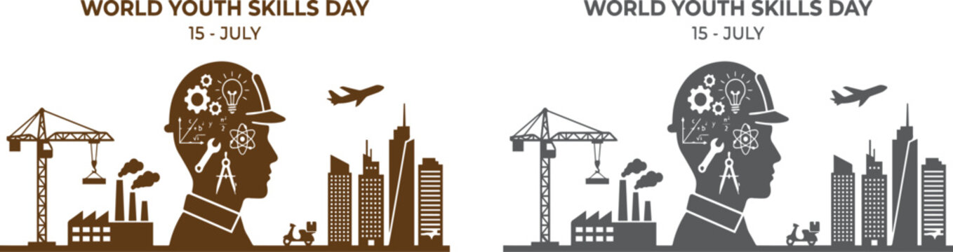 World Youth Skills Day infographic banner with student profiles and career development symbols.