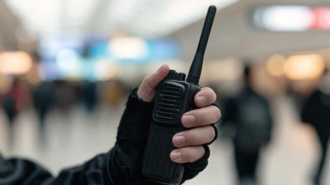 Person holding black communication walkie talkie device with antenna in busy indoor public space with blurred background and casual clothing