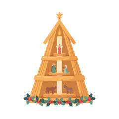 Obraz premium Traditional wooden christmas pyramid with nativity figures and holly leaves isolated on white background, festive holiday decor flat