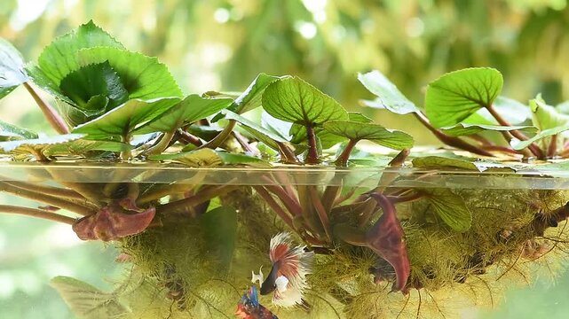Water caltrops or Trapa bicornis Osbeck branch green leaves and fruits on natural background.