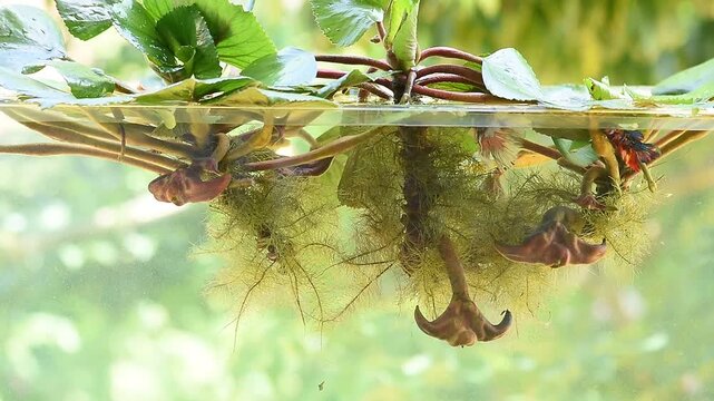 Water caltrops or Trapa bicornis Osbeck branch green leaves and fruits on natural background.
