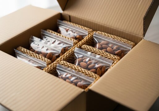 Cardboard Box Filled with Small Plastic Bags of Raw Almonds Separated by Protective Honeycomb Paper Packaging