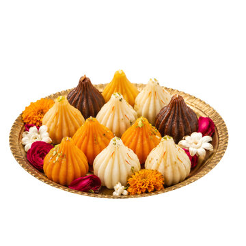 Modak Sweets on Brass Plate with Flowers for Indian Festival