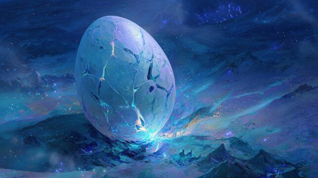 Blue-glow alien egg: neon cracks, energy beams, and starry space backdrop