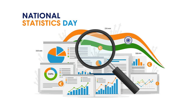 Celebrating National Statistics Day INDIAN with data analysis charts and a magnifying glass over Indian flag elements