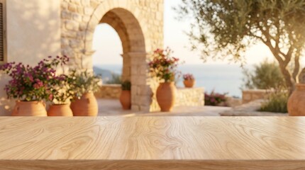 Fototapeta premium Wooden Table on Blurred Mediterranean Villa Background for Product Display in a Sunny Greek Terrace Garden Setting