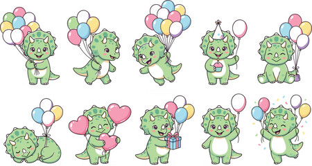 Cute green triceratops baby dinosaur birthday sticker set with pastel balloons gift boxes and cupcakes for children greeting card design © AntarChandra
