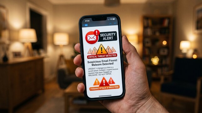 Hand holding smartphone with security alert on screen in living room