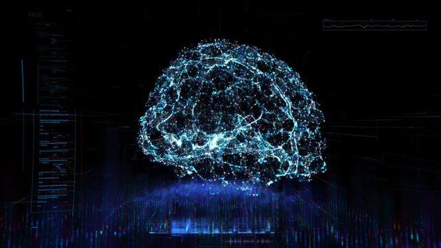 Futuristic digital brain hologram with glowing neural networks, artificial intelligence interface with data visualization, blue cybernetic mind concept