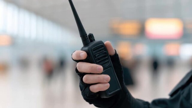 Close-up of person holding black two-way radio walkie talkie device with antenna in busy blurred indoor public space setting with people