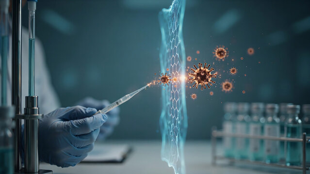 Scientist in lab coat and blue gloves holding syringe injecting vaccine into digital DNA molecule with virus particles floating nearby in laboratory setting