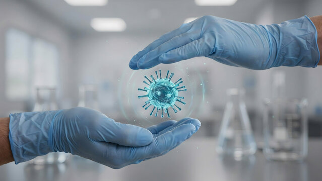 Bluegloved hands holding and pointing to a blue virus particle in a laboratory setting with various scientific equipment in the background