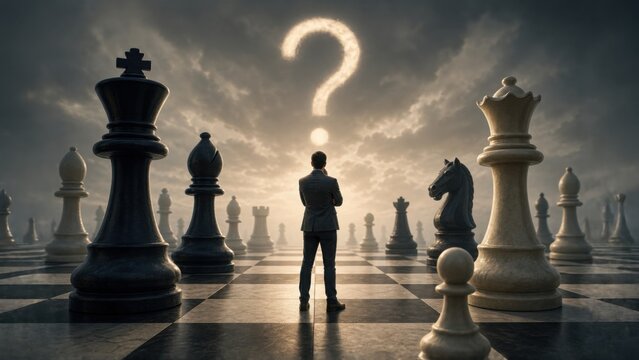 A person stands on a giant chessboard among oversized pieces, contemplating a glowing question mark in a dramatic, cloudy sky.