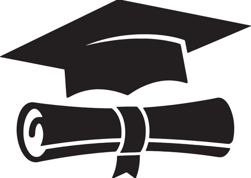 Black and white vector icon of graduation cap and diploma scroll, academic achievement symbol.