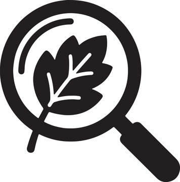 magnifying glass with a leaf inside illustration, black and white line art of a plant under magnification.