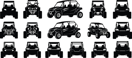UTV silhouette vector set, black white off-road vehicle clipart, utility task side-by-side illustration, recreational transport design bundle © Fenshi