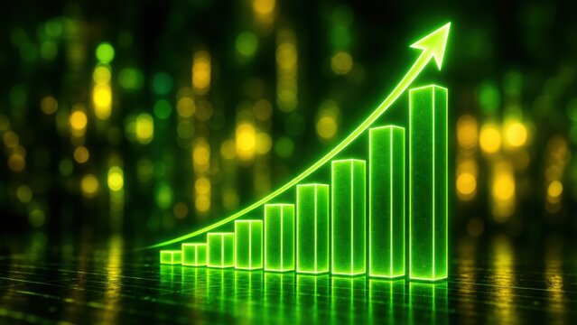 A glowing green 3D bar chart with an upward arrow symbolizes growth and success against a blurred light background.