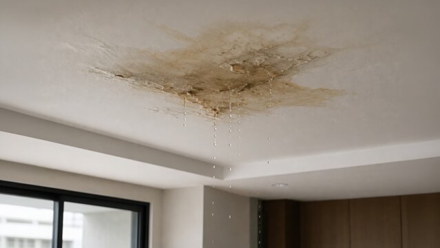 Water leaking through a stained ceiling with visible drip marks inside a modern room.