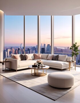 Modern living room with city skyline view at sunset (104)