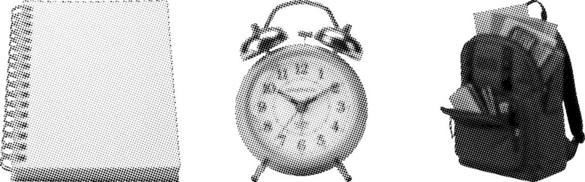 Halcftonstyle illustration of notebook alarm clock and backpack on white background