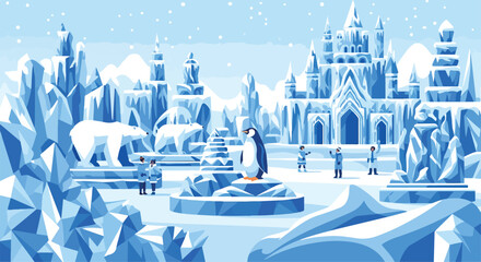 A winter scene with a penguin and people in a snowy landscape © Erdi