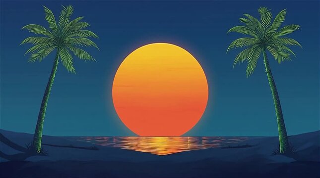 Retro synthwave sunset over ocean beach with palm trees animation loop