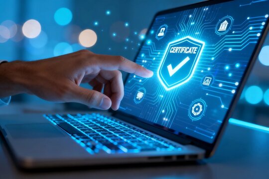 Hand Interacting with Digital Certificate on Laptop