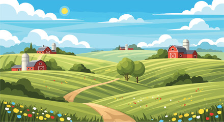 A serene countryside with rolling hills and red barns © Dandi