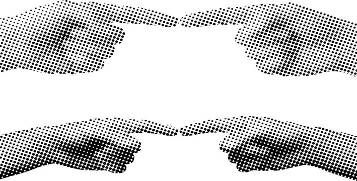 Four hands pointing inward with halftone effect isolated on white background