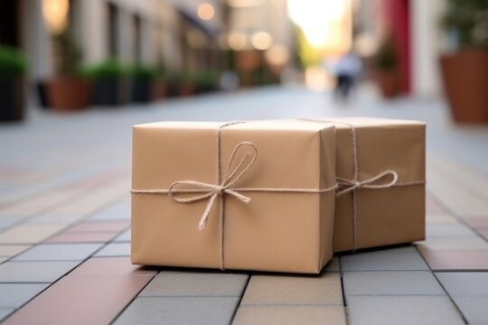 Two wrapped parcel box tied with string on tiled walkway in urban street with blurred background
