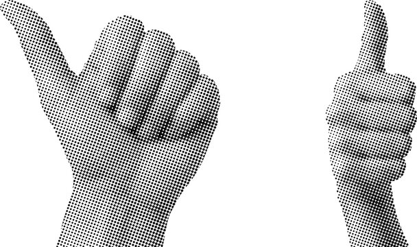 Halftone hand gestures making devil horns and thumbs up on white background