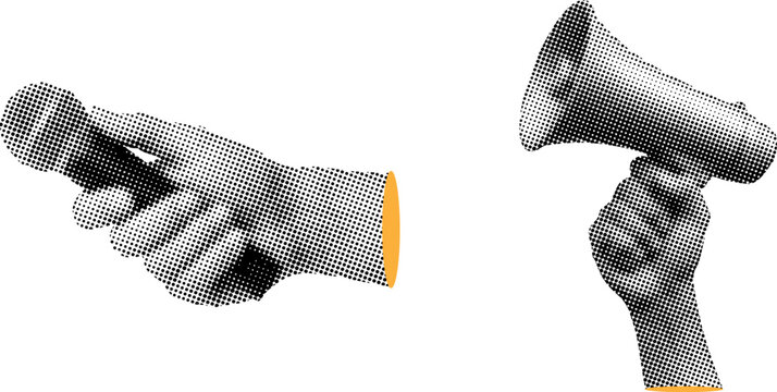 Halftone illustration of hand holding megaphone and standing megaphone on white background