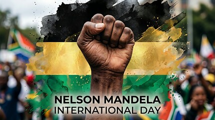 Powerful raised fist with south african flag colors celebrating nelson mandela international day unity
