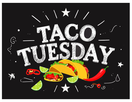  Tres tacos rellenos de carne, verduras frescas y especias en un llamativo cartel promocional inspirado en la cocina mexicana sobre fondo de pizarra.
