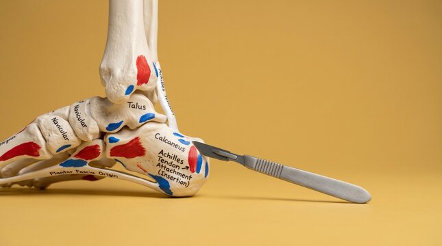 Anatomical Foot Model with Surgical Scalpel on Yellow Background.