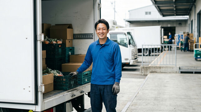 倉庫でトラックの荷台の前に立つ食品ルート配送ドライバーの男性