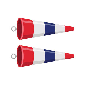 Set of two red white and blue striped windsocks for aviation and weather monitoring isolated on white background, for meteorological data analysis