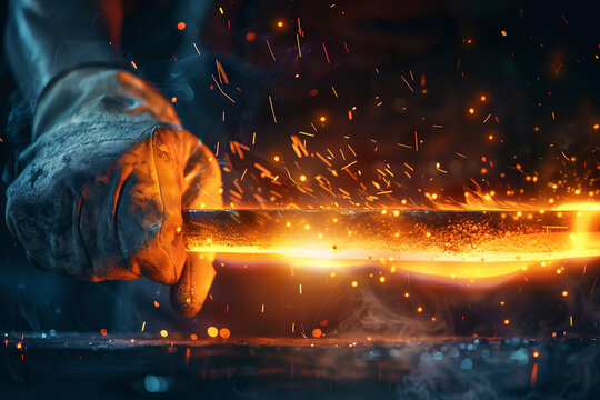 Industrial metalworking background showing worker hand holding a burning orange heated steel bar with glowing fire sparks in a metal smith shop