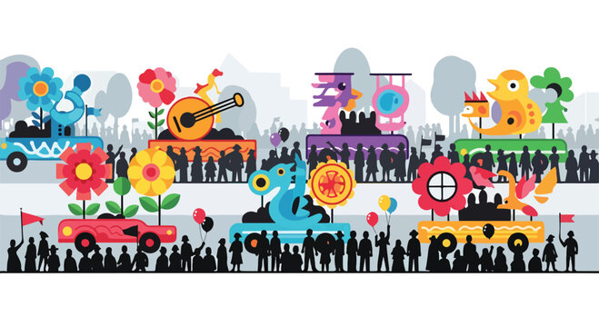 A vibrant parade scene with colorful floats and people