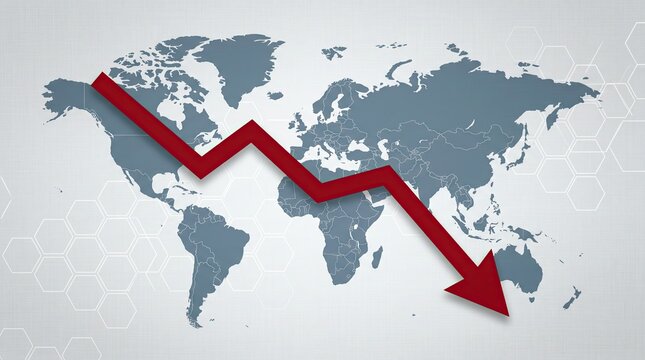 Global economy decline shown on world map with red arrow