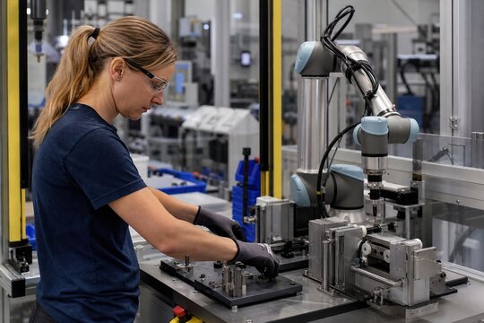 A blonde woman in protective glasses and gloves carefully positions parts on an assembly jig