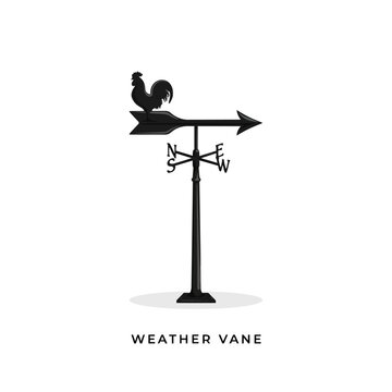 Detailed black metal weather vane with a rooster figure, directional arrow, and cardinal points for wind tracking isolated on a white background