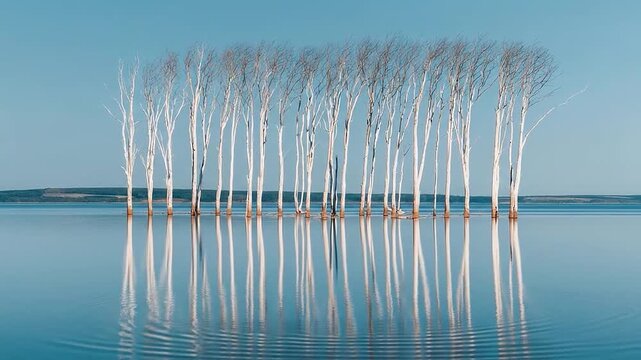 A serene landscape features a row of bare trees standing in calm water