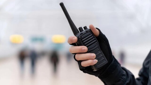 Close-up of hand wearing black glove holding black handheld radio communication device with antenna in blurred indoor public space with people in background