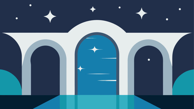 Nighttime bridge, arches over water, starry sky, vector illustration, dreamy landscape