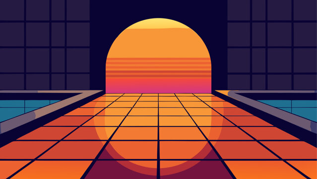 Retro sunset, neon grid floor, futuristic cityscape, 80s synthwave background